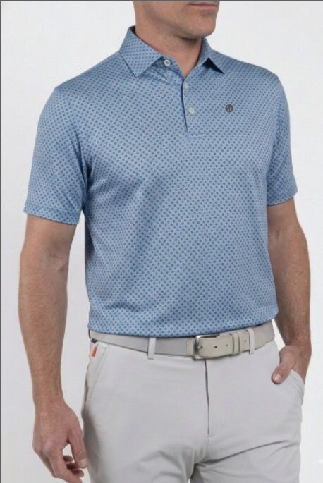Custom print golf polo on model — tournament uniform sample