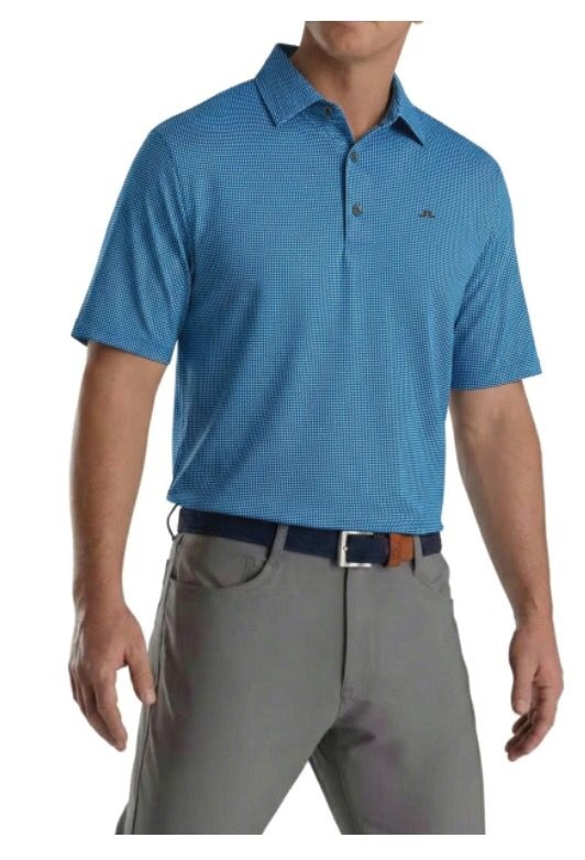 Custom blue golf polo on model — golf club polo shirts Australia
