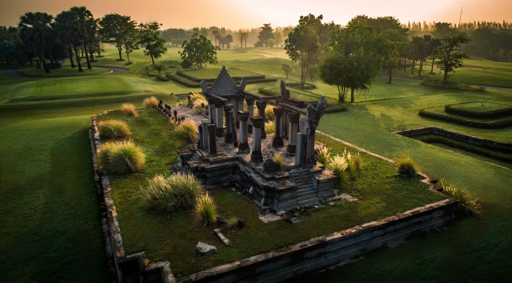 Ancient Khmer temple ruins on the fairways of Vattanac Golf Resort, Cambodia golf